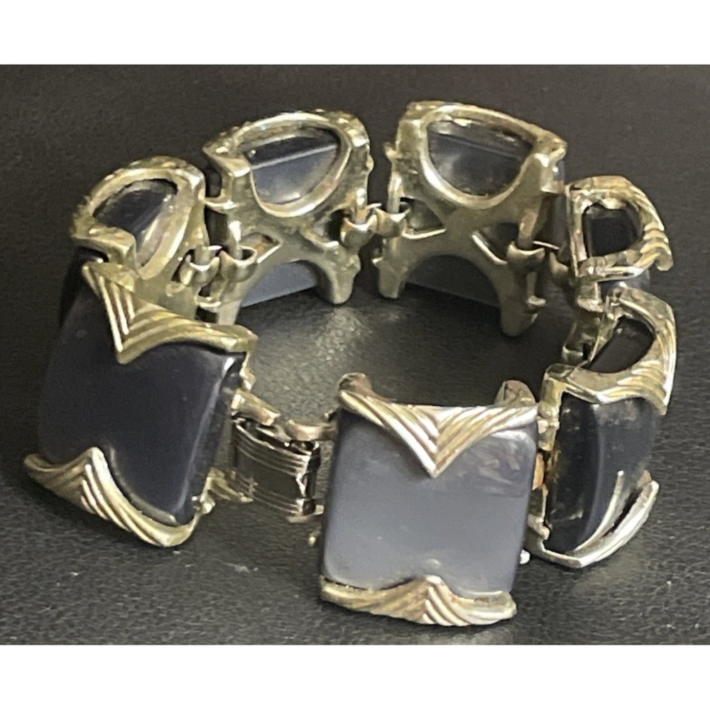 Vintage CORO Thermoset Bracelet Blue Silver Tone Link Signed Chunky Repaired